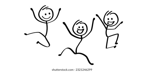 Cartoon-Tanzpaar. Spring, Tanz und fröhliche Stickman Menschen.  Jumping-Strichmännchen-Person. Feiertags. zu springen, überspringen Sie Musik. Tänzer-Symbol. Disco-Funksymbol.