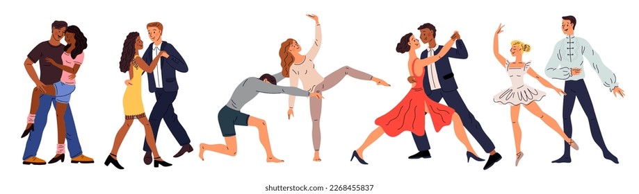 Viñetas bailando parejas. Diferentes tipos de bailes modernos. Caracteres profesionales. Bailarinas de ballet y tango. Coreografía contemporánea y de salón de baile. Entretenimiento en el club