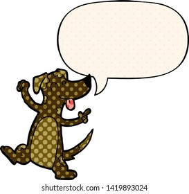 cartoon dancing dog with speech bubble in comic book style