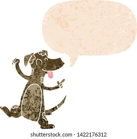 cartoon dancing dog with speech bubble in grunge distressed retro textured style