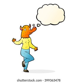 cartoon dancing fox woman with thought bubble