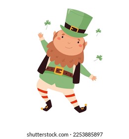 Cartoon dancing leprechaun in traditional costume and top hat. St Patrick's day card. Funny Irish character isolated on 