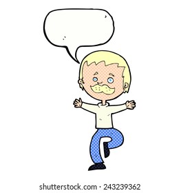 cartoon dancing man with mustache with speech bubble