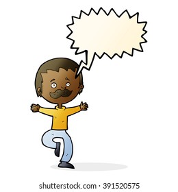 cartoon dancing man with mustache with speech bubble