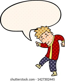cartoon dancing man with speech bubble in comic book style