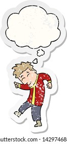 hombre bailarín de dibujos animados con burbuja de pensamiento como pegatina gastada angustiada
