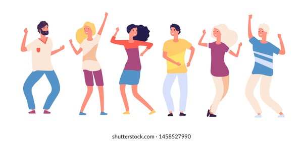 Cartoon dancing people. Happy young persons dance, joyful adults woman and man dancers. Party crowd in club isolated vector characters. Illustration of girl and boy dance at party