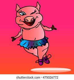 A cartoon dancing pig. Funny little pig dancing on two hind legs with open eyes, cartoon vector illustration, isolated on a colored background. A cute little pig, dancing and smiling happily, a decora
