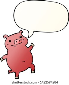 cerdo bailando dibujos animados con burbuja de habla en un estilo de gradiente suave