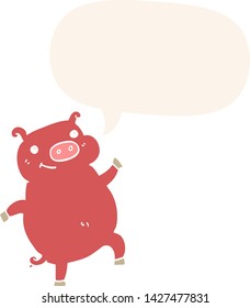 cartoon dancing pig with speech bubble in retro style