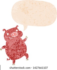Cartoon-Tanzschwein mit Sprachblase im brüchigen Retro-Stil