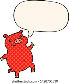 cartoon dancing pig with speech bubble in comic book style