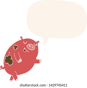 cerdo bailando dibujos animados con burbuja de habla en estilo retro