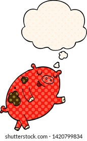 cartoon dancing pig with thought bubble in comic book style