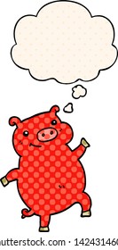 cartoon dancing pig with thought bubble in comic book style