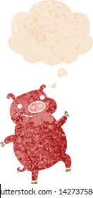 cartoon dancing pig with thought bubble in grunge distressed retro textured style