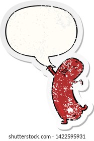 salchicha de baile de dibujos animados con una burbuja de habla angustiada pegatina vieja
