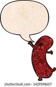 cartoon dancing sausage with speech bubble in retro texture style
