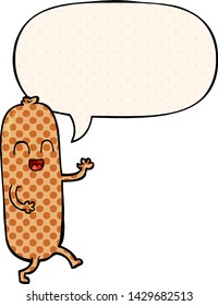 cartoon dancing sausage with speech bubble in comic book style