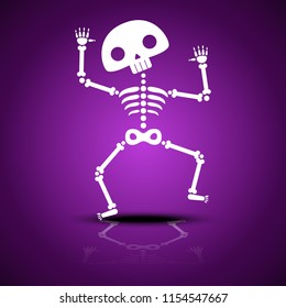 Cartoon dancing skeleton with reflection on a purple background for Halloween party.