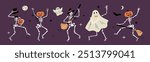 Cartoon dancing skeletons with pumpkins. Halloween characters party. Death holiday. Creepy ghosts. Bones and skulls. Gothic scary dancers. Skeletal bodies. Witch broom