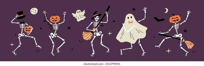 Cartoon dancing skeletons with pumpkins. Halloween characters party. Death holiday. Creepy ghosts. Bones and skulls. Gothic scary dancers. Skeletal bodies. Witch broom