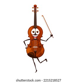 Caricatura bailando personaje violín. Personaje de instrumentos de cuerdas musicales aisladas de instrumentos vectoriales. Clase educativa de música clásica para niños, equipo musical con cara sonriente y arco en mano