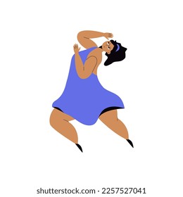 Cartoon dancing woman. Cute happy female character dance have fun, cheerful club dancer. Vector flat illustration