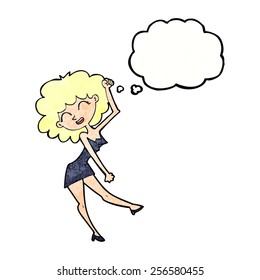 cartoon dancing woman with thought bubble