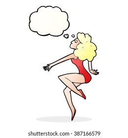 cartoon dancing woman with thought bubble