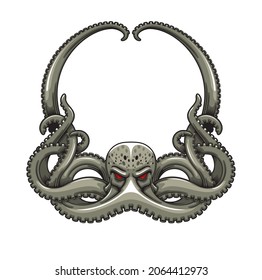 Cartoon Danger Octopus With Tentacles, Vector Decorative Frame. Kraken Squid Or Sea Monster And Ocean Giant Octopus With Red Eyes, Rocker Or Punk Tattoo Design, Aquatic Cuttlefish