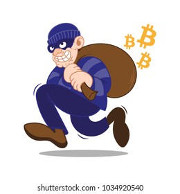 Cartoon dangerous criminal insidious cunning thief hacker dressed in dark mask running big bag stolen cryptocurrency bitcoin. Internet finance fraud. Modern vector style illustration flat design.
