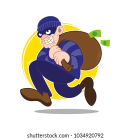 Cartoon dangerous criminal insidious cunning thief dressed in dark mask fast running big bag stolen more moneys and coins. Bank finance fraud. Modern vector style illustration flat design.