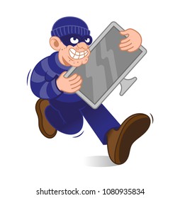 Cartoon dangerous criminal thief dressed in dark mask fast run away with big stolen plasma tv in hands. Modern vector style character illustration flat design. Isolated white background.
