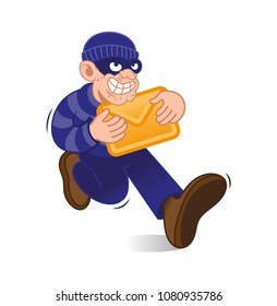 Cartoon dangerous criminal thief hacker dressed in dark mask running with stolen letter e-mail from computer or smartphone. Internet hacking fraud Modern vector character illustration flat design