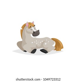 Cartoon dapple-grey horse sleep. Trendy flat design with simple gradient farm animal rest. Kid education vector illustration sioalted on white background.