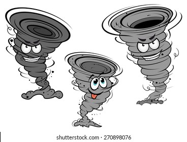 Cartoon dark gray tornado and cyclone characters with angry faces and funny for weather concept or mascot design