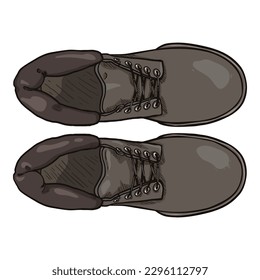 Cartoon Dark Gray Work Boots. Top View Vector Illustration