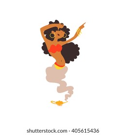 Cartoon Dark Hair Genie  Isolated Flat Vector Illustration In Childish Cartoon Manner On White Background