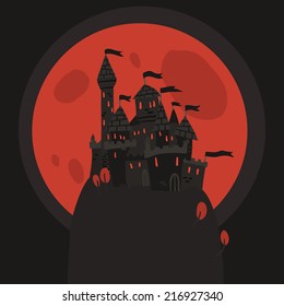 Cartoon dark Halloween Castle on a Hill flat icon. The vector illustration of cartoon castle on a hill for ui, web games, tablets, wallpapers, and patterns.