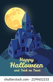 Cartoon dark Halloween house with moon. Night celebration. Vector illustration. Greeting card.