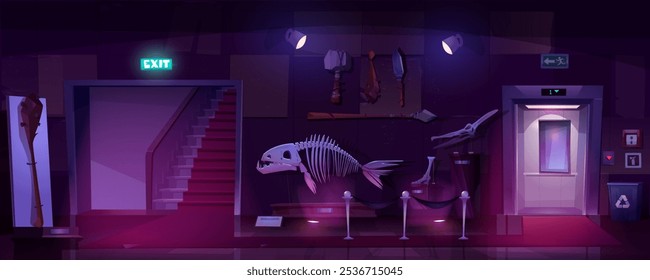 Cartoon dunkle Nacht archäologischen Museum Hall Innenraum mit Ausstellung mit großen Fisch Skelett, verschiedene prähistorische Menschen Artefakte an der Wand, Tür mit Treppe und Ausfahrt Zeichen und offenen Aufzug.