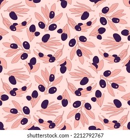 Cartoon dark olives seamless pattern. Olive branches with leaves and shine elements. Vector flat illustration. Design for fabric, wallpaper, textile, package, print and web design