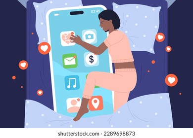 Caricatura de una usuaria de piel oscura que miente con un smartphone en la cama por la noche, adicta a la red que abraza el teléfono celular con íconos de aplicaciones móviles. Feliz sueño de una chica en abrazo con ilustración del vector del teléfono.