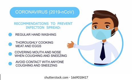 Cartoon dark skin man in office suit points to list of recommendations for protection coronavirus. Character with a medical mask on his face. Virus protection infographics. Vector illustration.