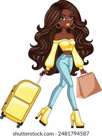 Cartoon dark skinned girl walking and holding yellow travel suitcase, full body illustration, wearing jeans and yellow crop top.