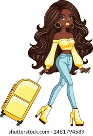 Cartoon dark skinned girl walking and holding yellow travel suitcase, full body illustration, wearing jeans and yellow crop top.
