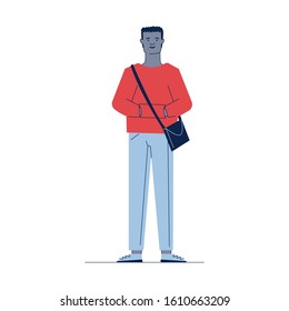 Cartoon dark skinned guy in casual with bag. Full length of black male student flat vector illustration. Fashion, trendy young man concept for banner, website design or landing web page