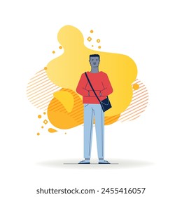 Cartoon dark skinned guy in casual with bag. Full length of black male student flat vector illustration. Fashion, trendy young man concept for banner, website design or landing web page