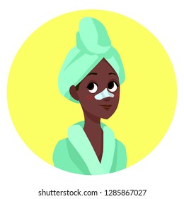 Cartoon dark-skinned girl with comedo using anti-blackhead nose strip. Young women with blackhead patch, taking care of her skin. spa Vector illustration 